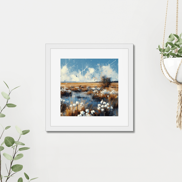 Framed, signed print by Stefan Birch. "Bog Cotton, Peatlands Park"